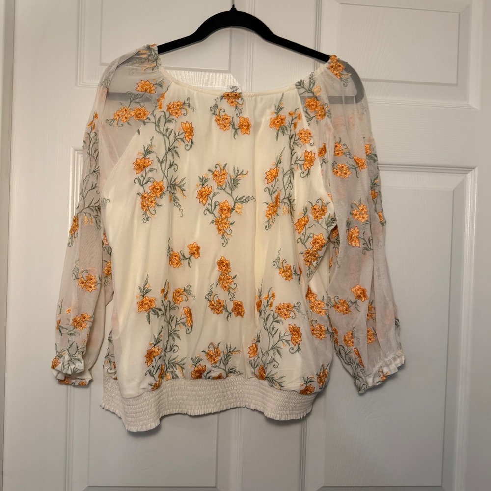 Skye's The Limit‎ Peasant Blouse White Orange Petite XL Floral Boho Casual Top